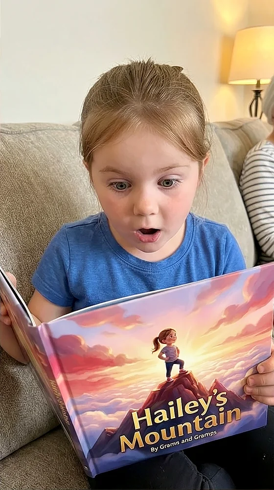 A child illustrated as a storybook character with their real features preserved
