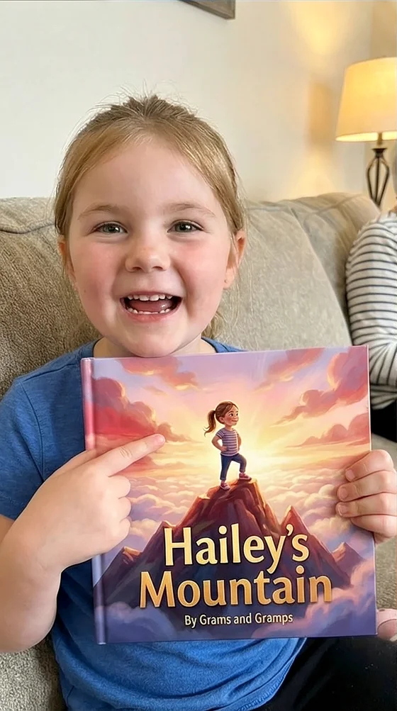 Illustrated story panels from a personalized children's book showing the child as the hero