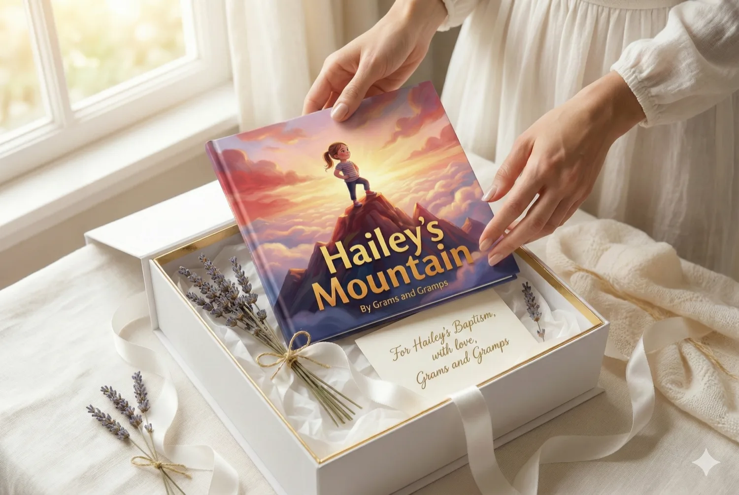 Elegant hands placing a beautifully wrapped children's book into a white baptism gift box. Soft white ribbons, dried lavender sprigs, and a handwritten card visible. The book cover shows a child's illustrated adventure. Soft natural light from a nearby window. Elegant, tender, ceremonial mood. Soft whites and creams with touches of gold.