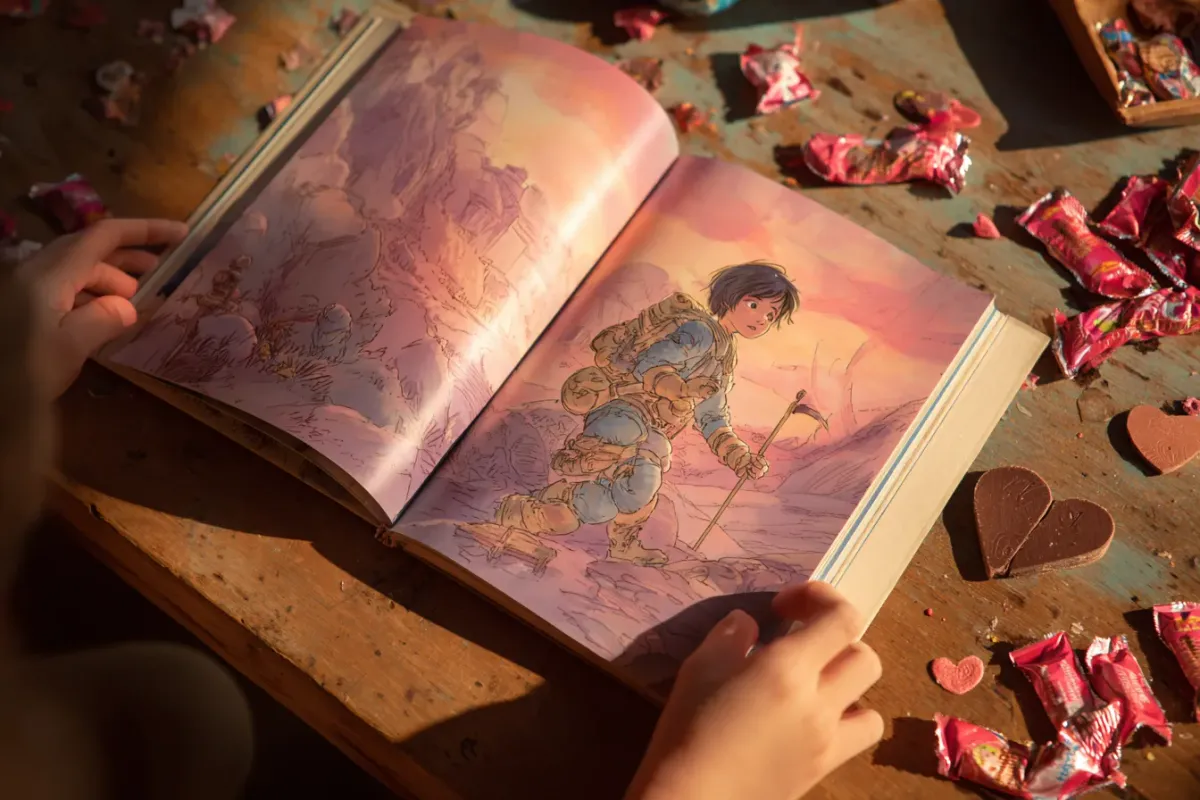 A child's hands holding an open storybook, visible on the page is an illustration of themselves as a brave explorer. Around them on a wooden table are discarded candy wrappers and a half-eaten chocolate heart, but the child is absorbed in the book. Warm afternoon light. Soft pinks and reds in the background. Contrast between fleeting candy and lasting book.