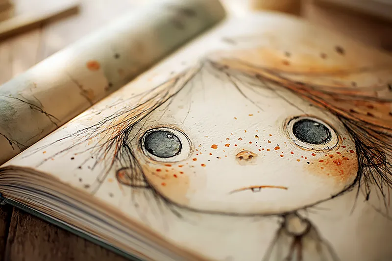 Open illustrated storybook on a wooden table, extreme close-up. A painterly child with wide dark eyes, scattered freckles, and a gap in the front teeth gazes from the page. Soft morning light falls across the paper. Watercolour and gouache. Cream, sage, and amber.