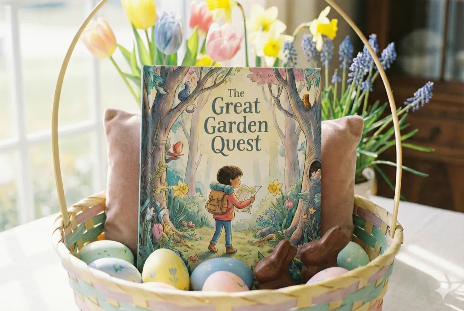 A pastel Easter basket in soft morning light, colorful eggs and chocolate bunnies visible, but prominently placed is a beautiful children's storybook with an illustrated cover showing a child on an adventure. The book sits slightly elevated, clearly the treasure of the basket. Spring flowers in the background. Soft pastels, warm light, joyful but meaningful mood.