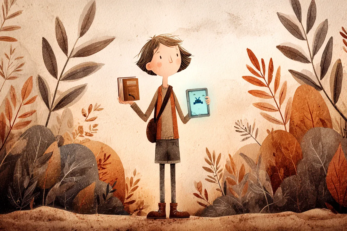 A child standing among autumn foliage, holding a physical book in one hand and a glowing tablet in the other, looking toward the book. Warm earth-tone watercolor palette with muted browns, oranges, and grays. Storybook illustration style, textured paper feel. The child appears contemplative, not conflicted — choosing, not torn.