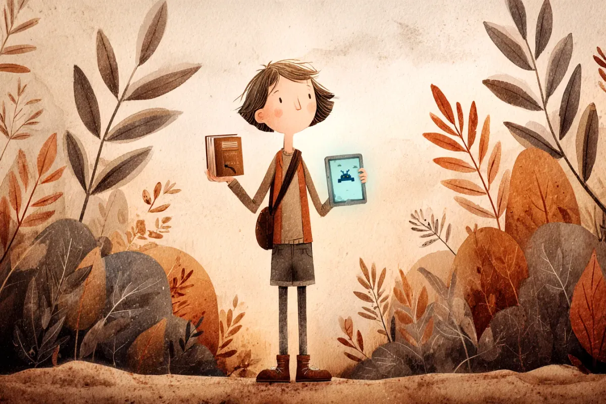 A child standing among autumn foliage, holding a physical book in one hand and a glowing tablet in the other, looking toward the book. Warm earth-tone watercolor palette with muted browns, oranges, and grays. Storybook illustration style, textured paper feel. The child appears contemplative, not conflicted — choosing, not torn.