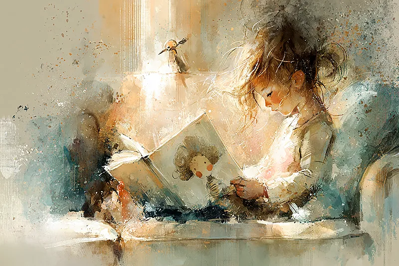 A young child seated on a cream linen sofa, an open storybook resting in their lap. The illustrated pages show a painted character with curly hair and round cheeks. Warm afternoon window light falls across the pages. Watercolor style. Amber, cream, and sage.