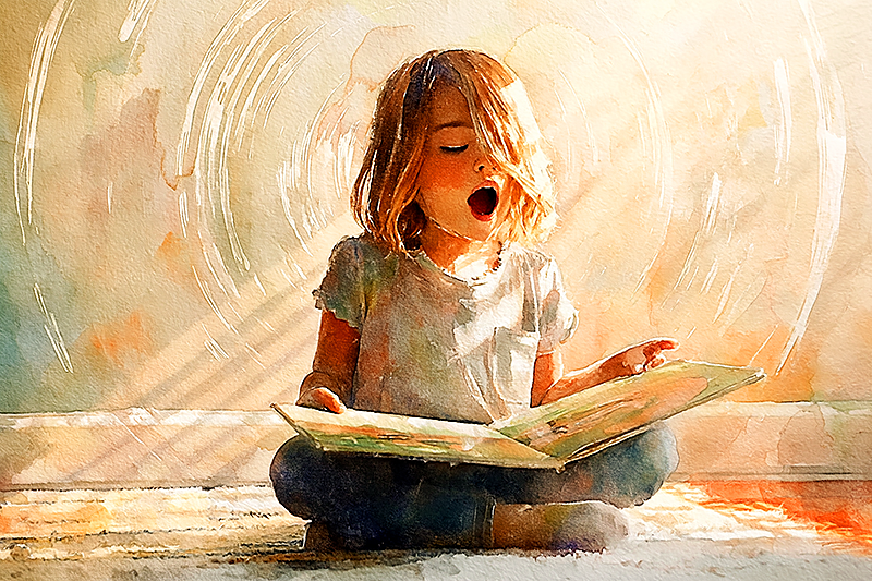 A small child sitting cross-legged on a rug, mouth open mid-chant, holding a picture book loosely in their lap. Around them, faint visible sound waves ripple outward like rings in water, suggesting rhythm and vibration. Warm afternoon light, soft watercolor palette, the feeling of language as a physical force moving through a small body.