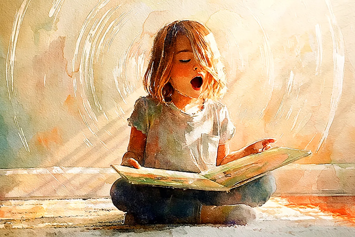 A small child sitting cross-legged on a rug, mouth open mid-chant, holding a picture book loosely in their lap. Around them, faint visible sound waves ripple outward like rings in water, suggesting rhythm and vibration. Warm afternoon light, soft watercolor palette, the feeling of language as a physical force moving through a small body.
