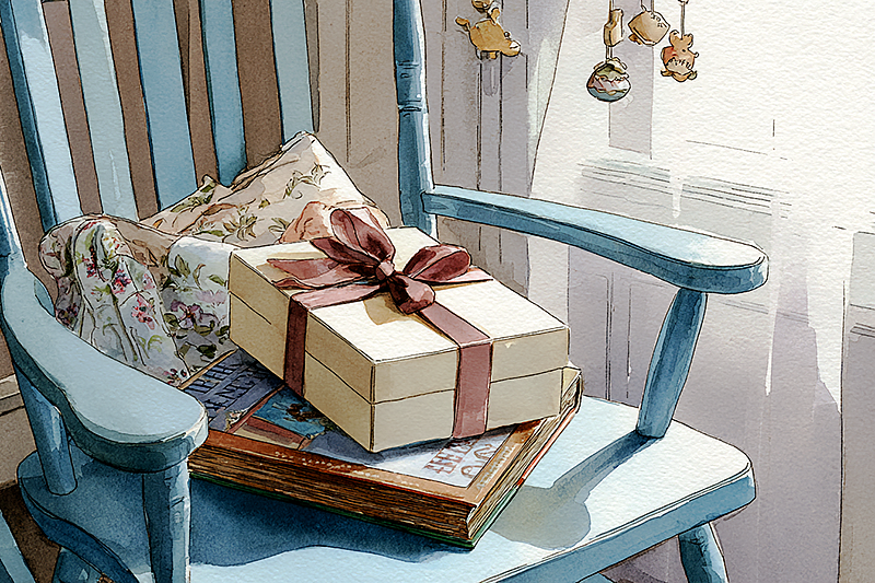 A beautifully wrapped gift box sitting on a nursery rocking chair, partially open to reveal a children's storybook inside. The nursery is soft and expectant: an empty crib, folded blankets, a mobile casting gentle shadows. Everything is ready but unused. Watercolor style, soft pastels, tender anticipation.