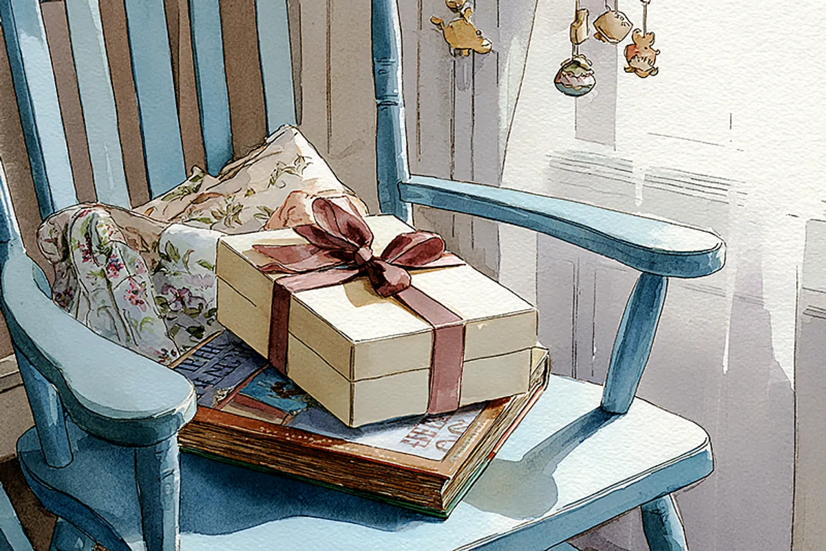 A beautifully wrapped gift box sitting on a nursery rocking chair, partially open to reveal a children's storybook inside. The nursery is soft and expectant: an empty crib, folded blankets, a mobile casting gentle shadows. Everything is ready but unused. Watercolor style, soft pastels, tender anticipation.