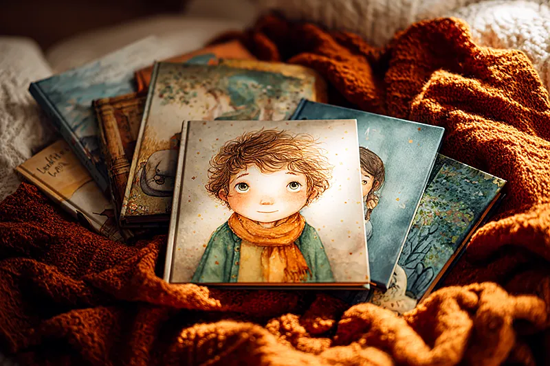 Several children's storybooks fanned out on a cozy reading blanket, each one slightly different in style and color, with one book in the center open to reveal a glowing illustration of a child's face clearly personalized. Warm afternoon light, watercolor illustration style, inviting and intimate.