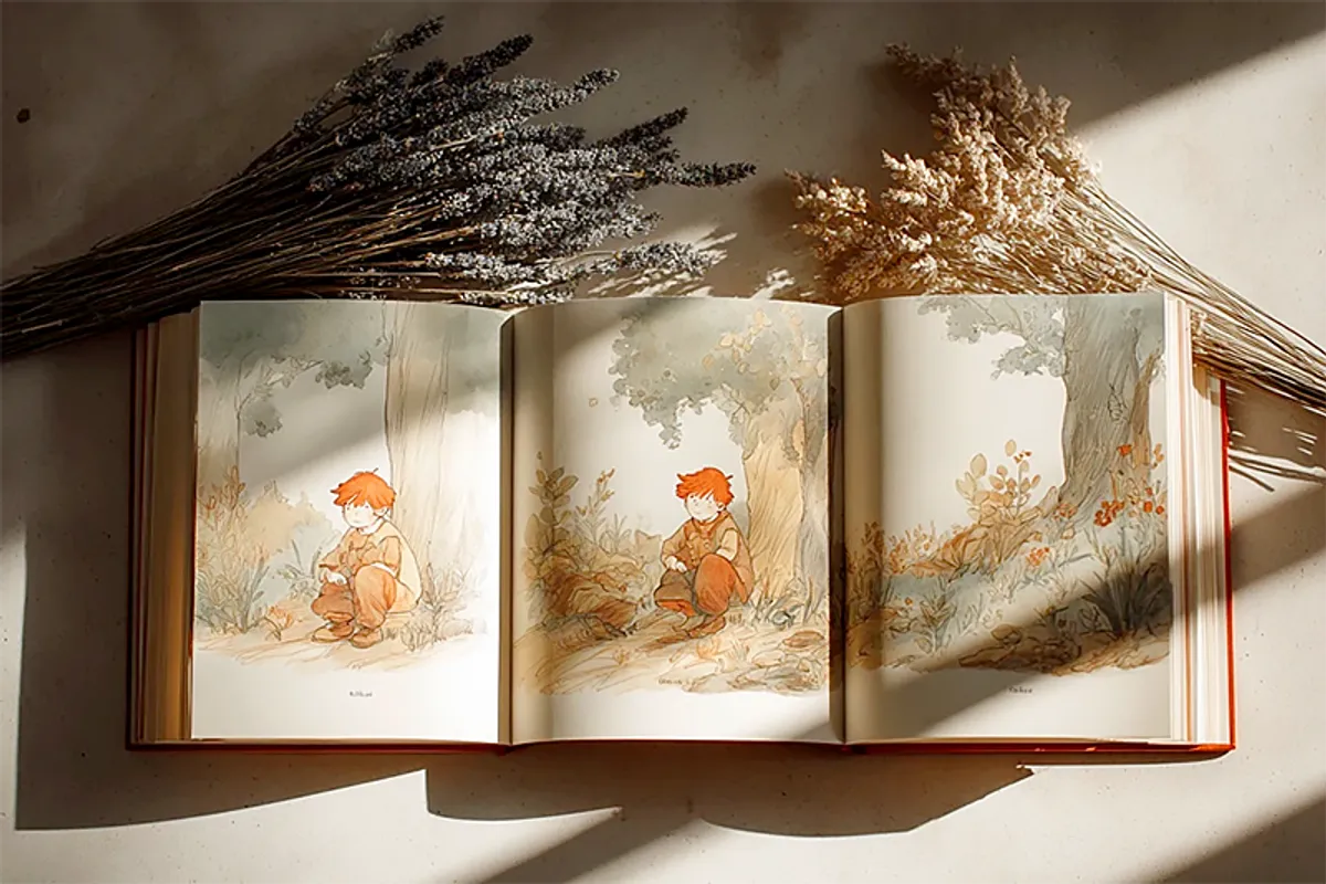 Three open children's books on pale birchwood, each spread showing a hand-painted red-haired child in a sunlit forest clearing. Dried lavender sprigs alongside. Warm morning window light, soft shadows. Watercolour illustration style. Cream, sage, and terracotta palette.
