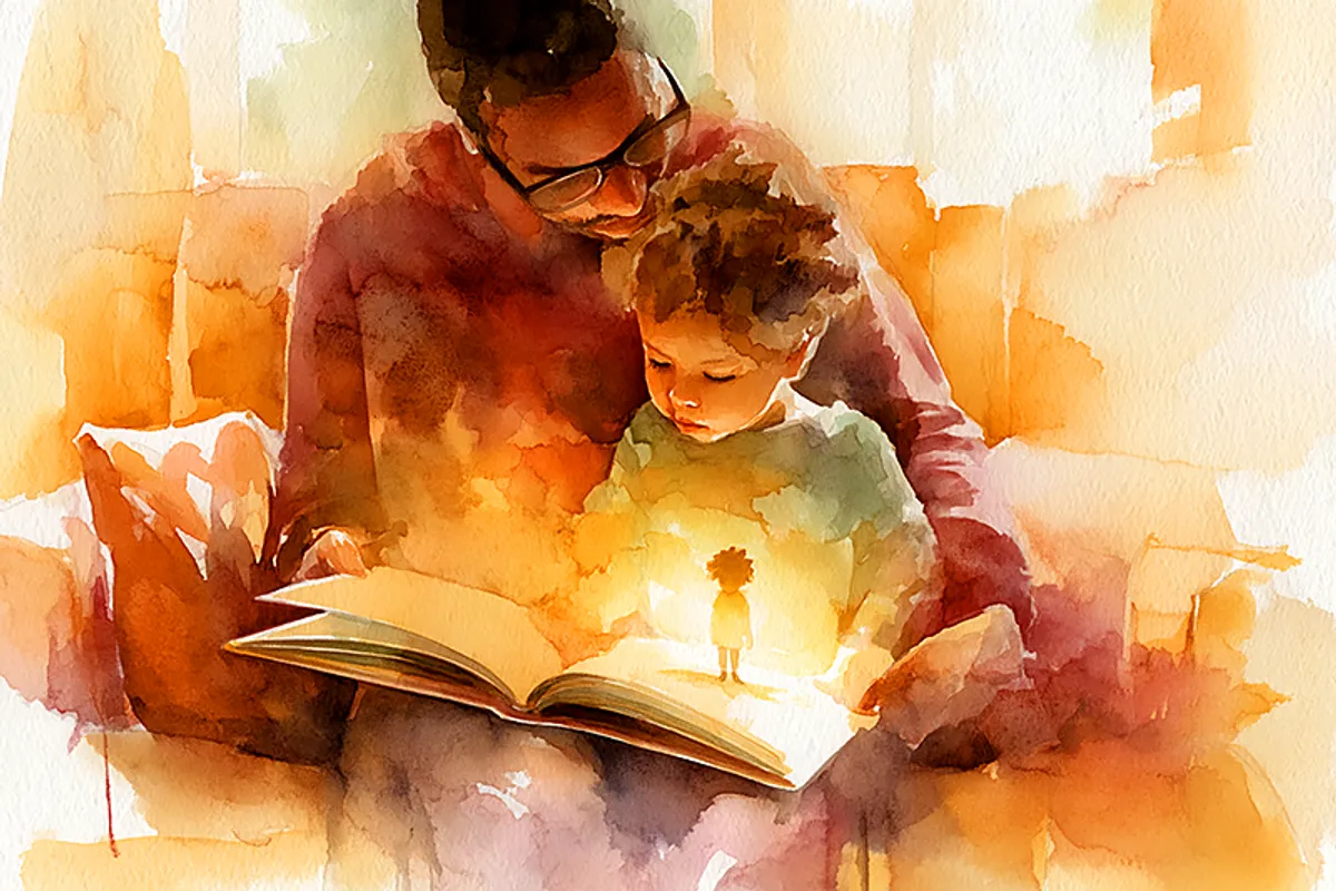 A warm watercolor illustration of a godparent sitting in a soft-lit living room, holding an open hardcover children's book with a small child on their lap. The book's illustrated pages glow with warm golds and sage greens, depicting a tiny character that clearly resembles the child. The mood is intimate and unhurried. Muted tones: cream, warm ochre, dusty rose. No phones, no technology. The feeling of a story being passed from one generation to the next.