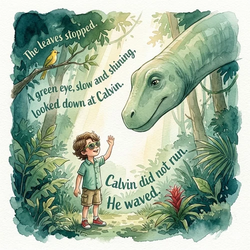 Libronauts book spread: the child in a jungle, waving up at a dinosaur, with original prose flowing across the illustration