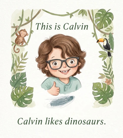 Template book result: a portrait of the child with text 'This is Calvin. Calvin likes dinosaurs.'