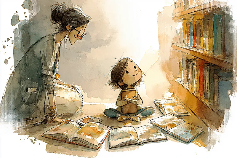 A young child sitting cross-legged on a library floor surrounded by open picture books, looking up at a librarian with pure delight. The child holds one book close to their chest. Warm wood shelves of colorful books frame the scene. Natural library light. The feeling of discovery and belonging. Watercolor illustration style in sage, cream, and amber.