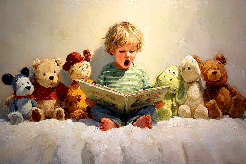 A small child sitting on a rug, holding an open picture book in their lap, mouth open mid-word as if reciting the text from memory. The book faces outward, away from the child, as if they are reading to an audience of stuffed animals arranged in a semicircle. Warm morning light from a window. The child's posture is confident, proud. Painterly, soft golden tones, intimate and quiet.