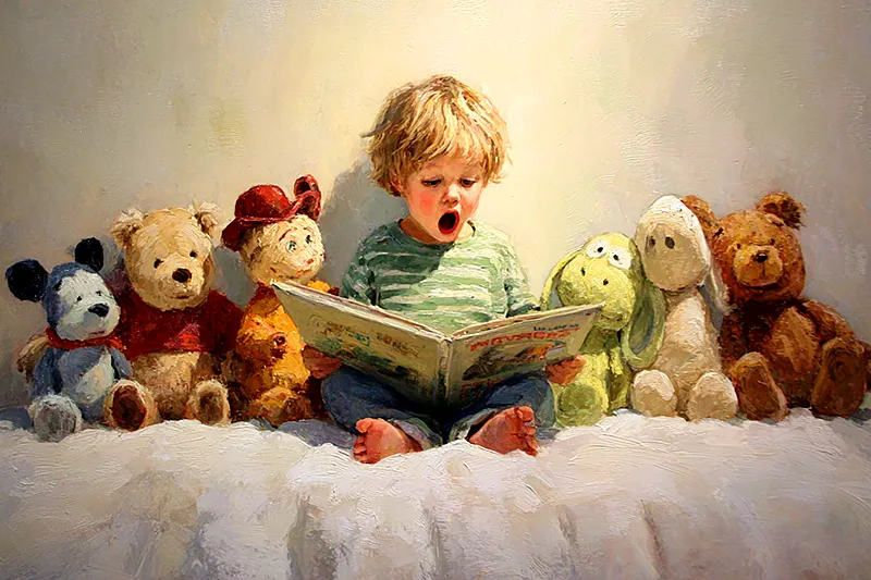 A small child sitting on a rug, holding an open picture book in their lap, mouth open mid-word as if reciting the text from memory. The book faces outward, away from the child, as if they are reading to an audience of stuffed animals arranged in a semicircle. Warm morning light from a window. The child's posture is confident, proud. Painterly, soft golden tones, intimate and quiet.