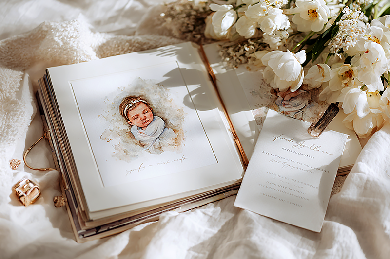 A christening gift flat lay: an open personalized storybook with a watercolor baby portrait on the left page, surrounded by fresh white flowers, a handwritten card, and soft white linen. The book is clearly the centerpiece. No silver items in frame. Warm natural light from the side. Elegant, intimate, editorial feel. Cream and warm white palette.