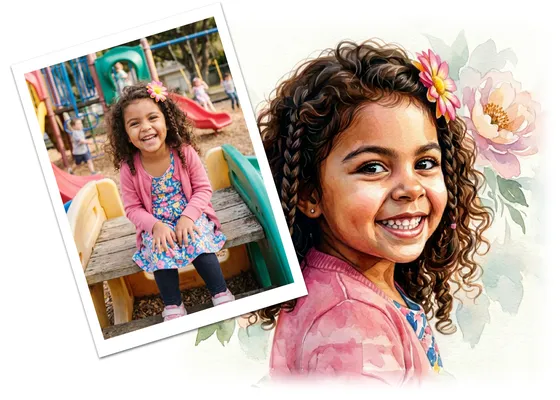 Photograph of a girl with curly dark hair alongside her custom watercolor storybook portrait