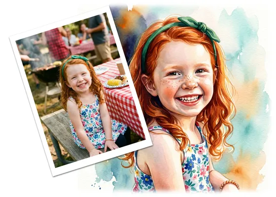 Photograph of a red-haired girl with freckles alongside her custom watercolor storybook portrait