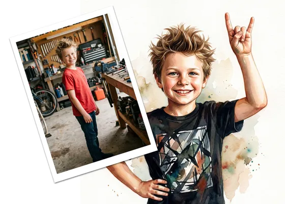 Photograph of a blond boy alongside his custom watercolor storybook portrait