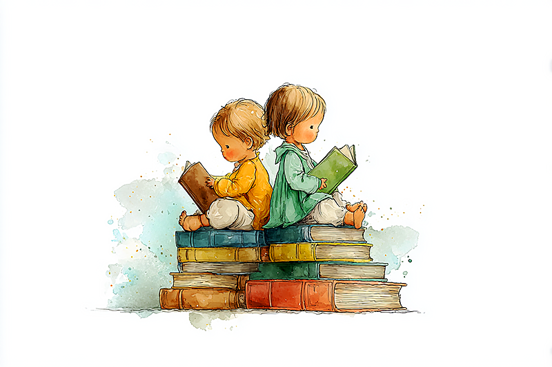 A child's small hands holding open a storybook. On the visible page, a warm illustration of a character who looks just like the child holding the book. The real hands frame the illustrated version of themselves. Close-cropped, intimate, warm amber lighting, the book IS the mirror. Painterly, soft tones, gentle focus on the moment of recognition.