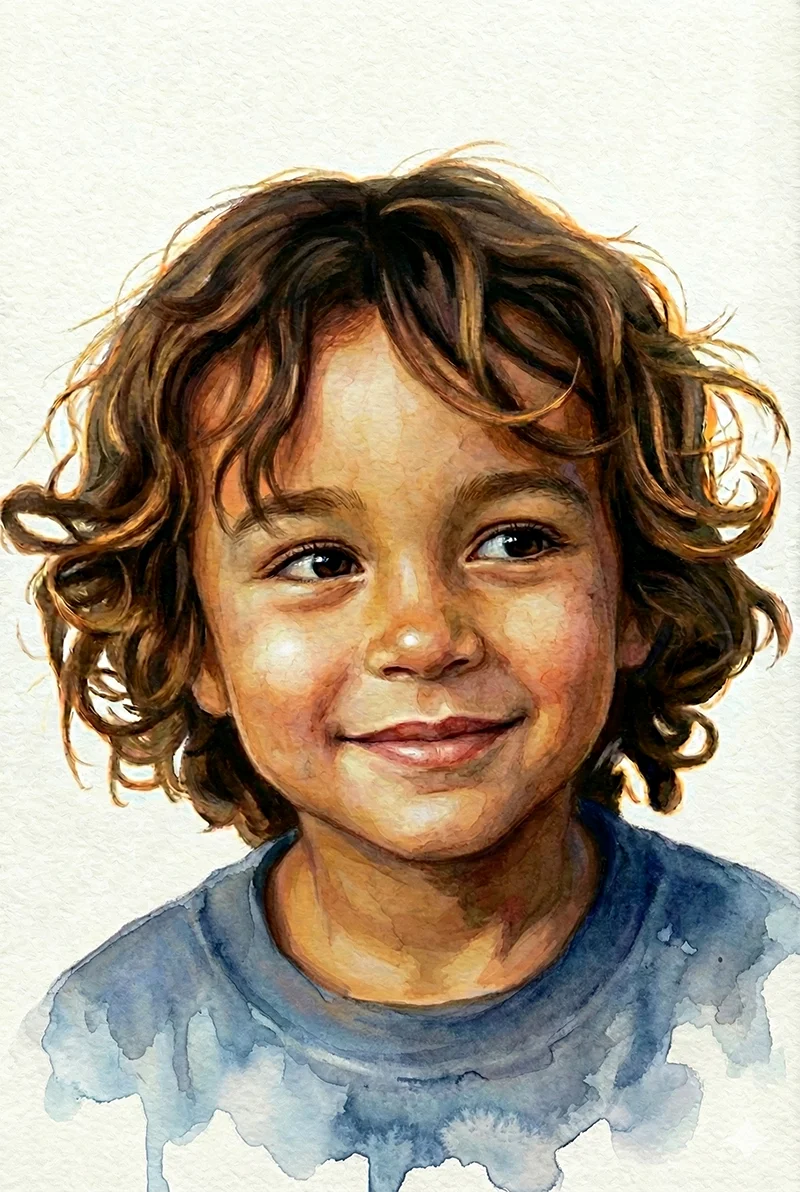 The same boy reimagined as an illustrated storybook character