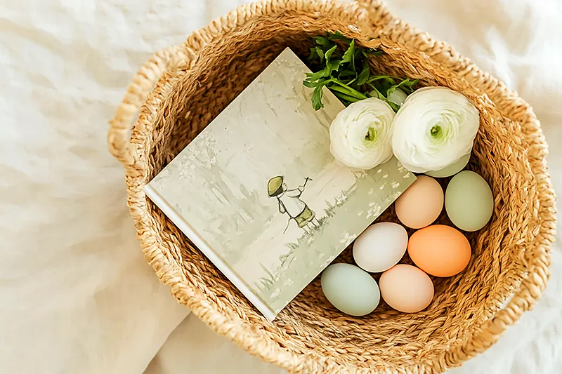 Overhead editorial shot of a woven Easter basket on pale linen. A personalized hardcover children's storybook is the centerpiece, its illustrated cover showing a child on a spring adventure. Soft pastel eggs and a sprig of white ranunculus arranged around it. Warm natural light, cream and sage tones, calm and deliberate composition. No plastic grass.