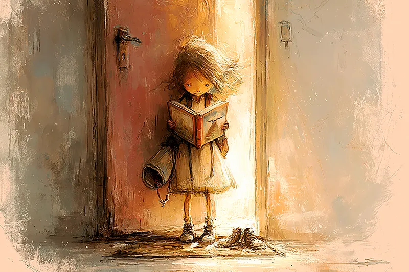 A child aged six to eight, backpack still on, holds a hardcover picture book in a sunlit doorway. A rolled painting tucked under one arm, scuffed shoes on the mat. Soft oil-painting style. Warm golden afternoon light. Palette of honey yellow, dusty rose, and warm cream.