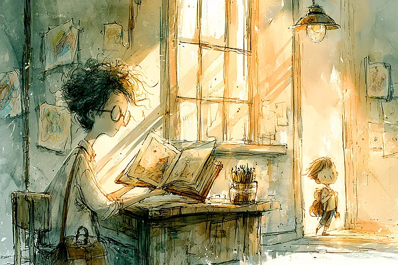 A teacher at a wooden desk holding an open illustrated storybook, late afternoon sunlight slanting through tall classroom windows. Crayon drawings pinned to the walls, a jar of coloured pencils on the desk corner. A small child in the doorway, backpack straps dangling. Watercolour illustration style, sage green, amber, and warm cream.