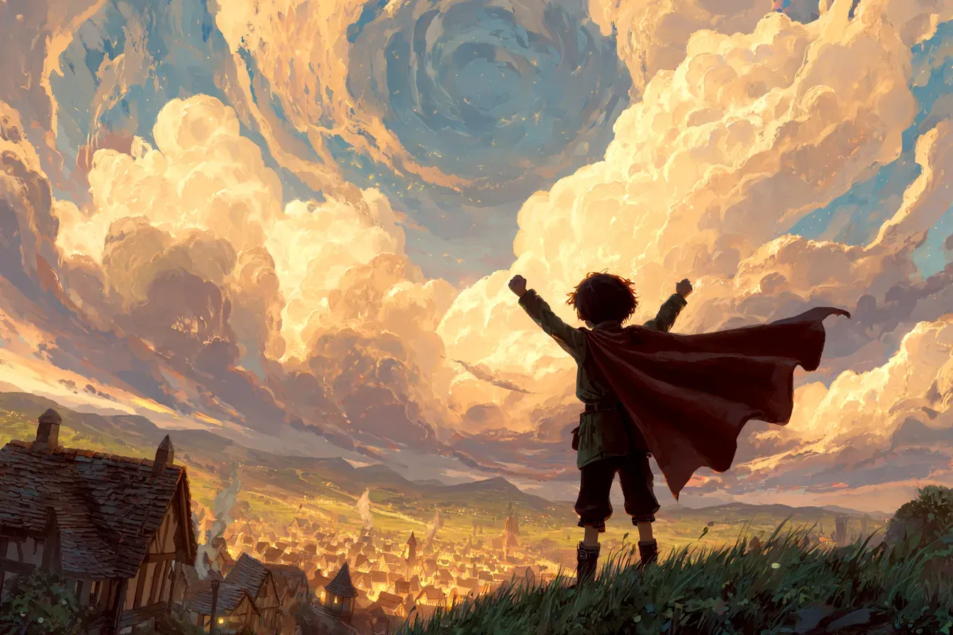 A child wearing a flowing cape stands on a grassy hilltop at golden hour, arms raised triumphantly toward the sky. Below in the valley, a storybook village with thatched roofs glows in warm light. The child is silhouetted against dramatic clouds. Painterly style, rich warm colors, sense of adventure and possibility.