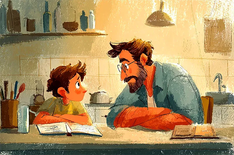 A man — clearly a stepfather figure — sitting at a kitchen table doing homework with a child around eight years old. The child is leaning toward him, showing him something in a notebook. He is listening carefully, elbows on the table, fully engaged. The scene has the comfortable quality of a relationship that has been built over time, not performed. Warm kitchen light. The mood is ordinary and affectionate — not a special occasion, just a Tuesday. Watercolor illustration style in sage, amber, and cream.