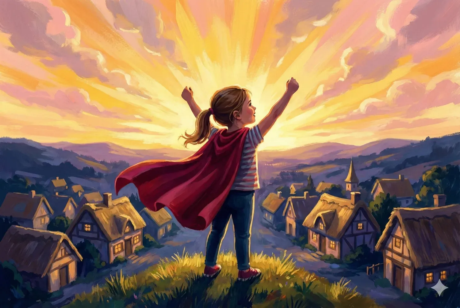A small child holding a flashlight, standing at the entrance of a gently dark room. Their shadow stretches behind them large and heroic. Expression determined but nervous. The flashlight creates a warm golden beam cutting through soft purple darkness. Storybook illustration style. The feeling of small bravery about to happen.