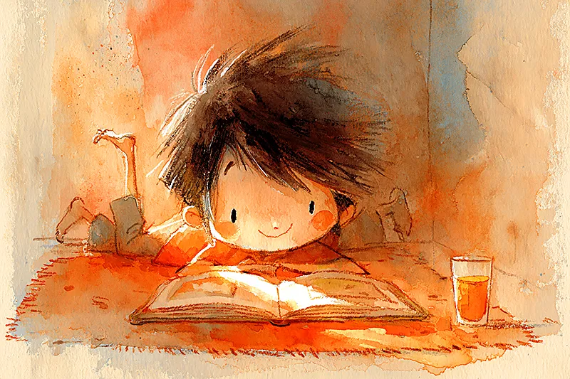 A child lying on their stomach on a rug, completely absorbed in a picture book, feet in the air, expression of total concentration and delight. The book is open wide. Warm afternoon light from a window falls across the pages. A half-empty glass of juice sits forgotten nearby. The scene captures what total reading engagement looks like — not performance, just joy. Watercolor illustration style in warm cream, coral, and amber tones.