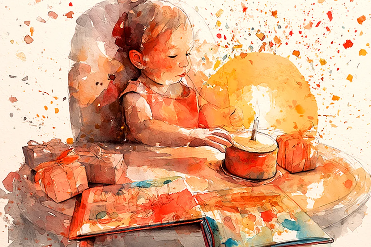 A one-year-old sitting at a high chair in front of a small birthday cake with a single candle, surrounded by soft-wrapped gifts and a colorful illustrated storybook open on the tray. The child is reaching for the book, not the cake. Warm birthday light, confetti in the air. Watercolor illustration style in coral, amber, and cream tones. Joyful and intimate, not staged or commercial.