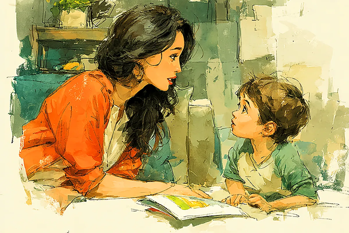 A woman kneeling to the eye level of a small child, around three years old, who is holding a colorful illustrated storybook with both hands, eyes wide. The woman — clearly an aunt, warm and slightly mischievous in demeanor — watches the child's face rather than the book. Soft afternoon light in a comfortable living room. Watercolor illustration style, sage, coral and cream palette. The image captures a private moment of recognition between two people who understand each other completely.
