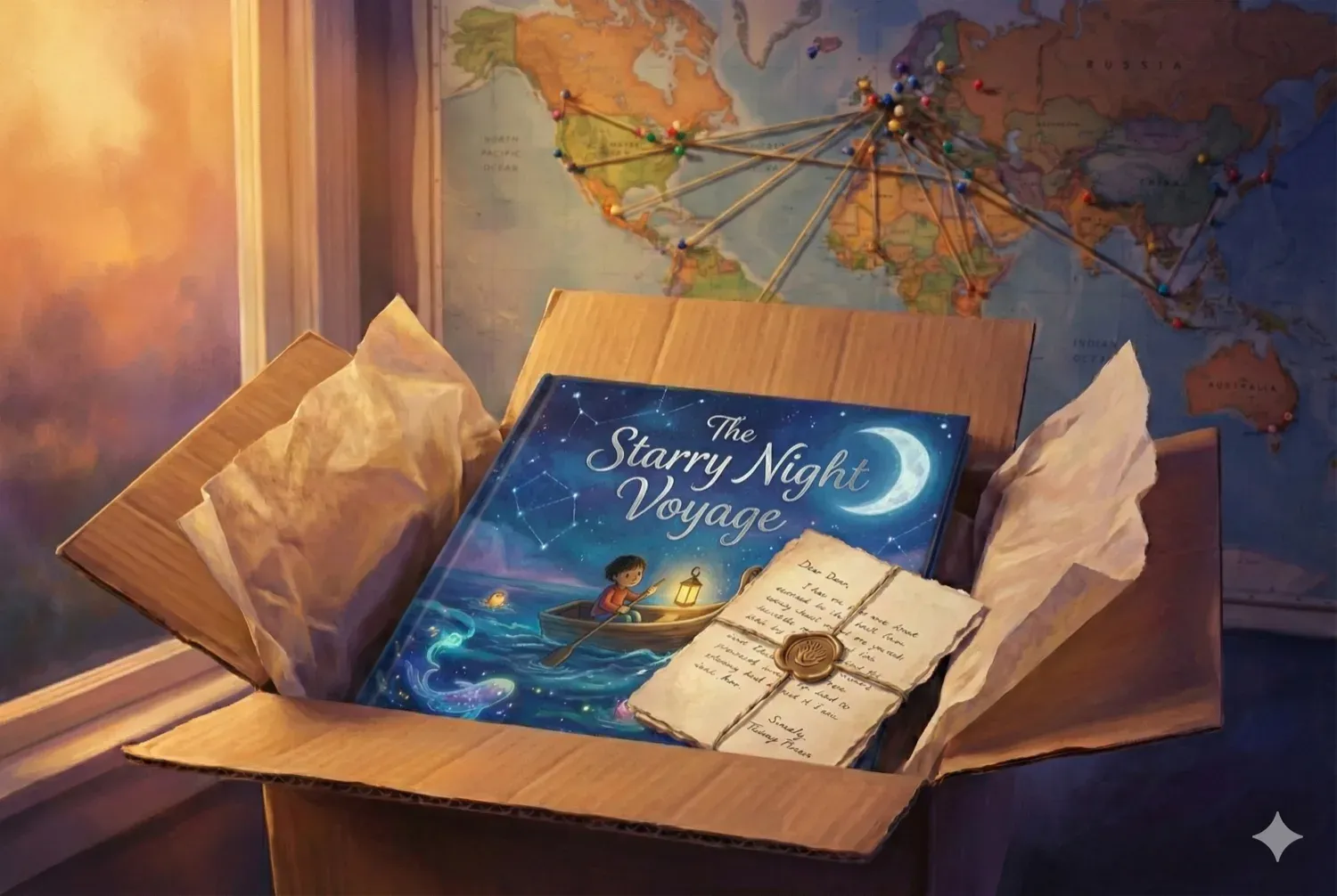 A shipping box being opened, tissue paper parting to reveal a beautifully illustrated children's book. A handwritten note on vintage-style stationery sits on top. Through a window in the background, a blurred map with pins connected by strings suggests distance traveled. Warm golden light. The feeling of love arriving across miles.
