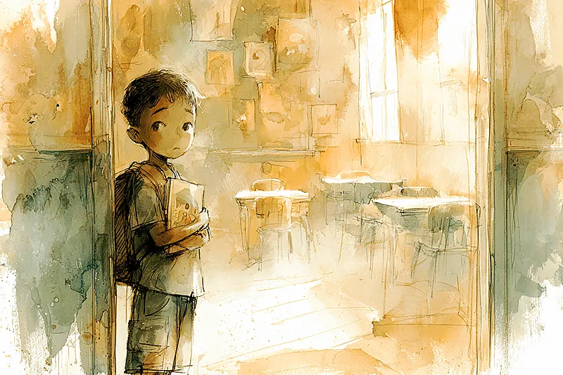 A child around six years old, standing in the doorway of an elementary school classroom, backpack on, holding a small illustrated storybook against their chest. The classroom behind them is warm and familiar — artwork on the walls, small chairs at low tables, afternoon light through the windows. The child is at the threshold, literally. Watercolor illustration style, amber, sage, and cream. The image is about the end of something that can't be returned to.