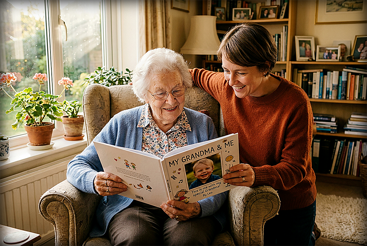 An elderly grandmother sitting in a comfortable armchair, holding a personalized children's book open on her lap. Her adult child (the parent) stands beside her, both looking at the book together. The grandchild's photo is visible on the page. Warm, golden light streams through a window. The scene captures three generations in one moment: the grandmother as matriarch, the parent as bridge, and the grandchild as future. A feeling of continuity and love.