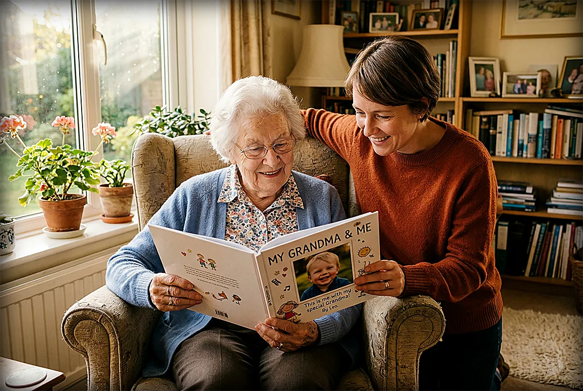 An elderly grandmother sitting in a comfortable armchair, holding a personalized children's book open on her lap. Her adult child (the parent) stands beside her, both looking at the book together. The grandchild's photo is visible on the page. Warm, golden light streams through a window. The scene captures three generations in one moment: the grandmother as matriarch, the parent as bridge, and the grandchild as future. A feeling of continuity and love.