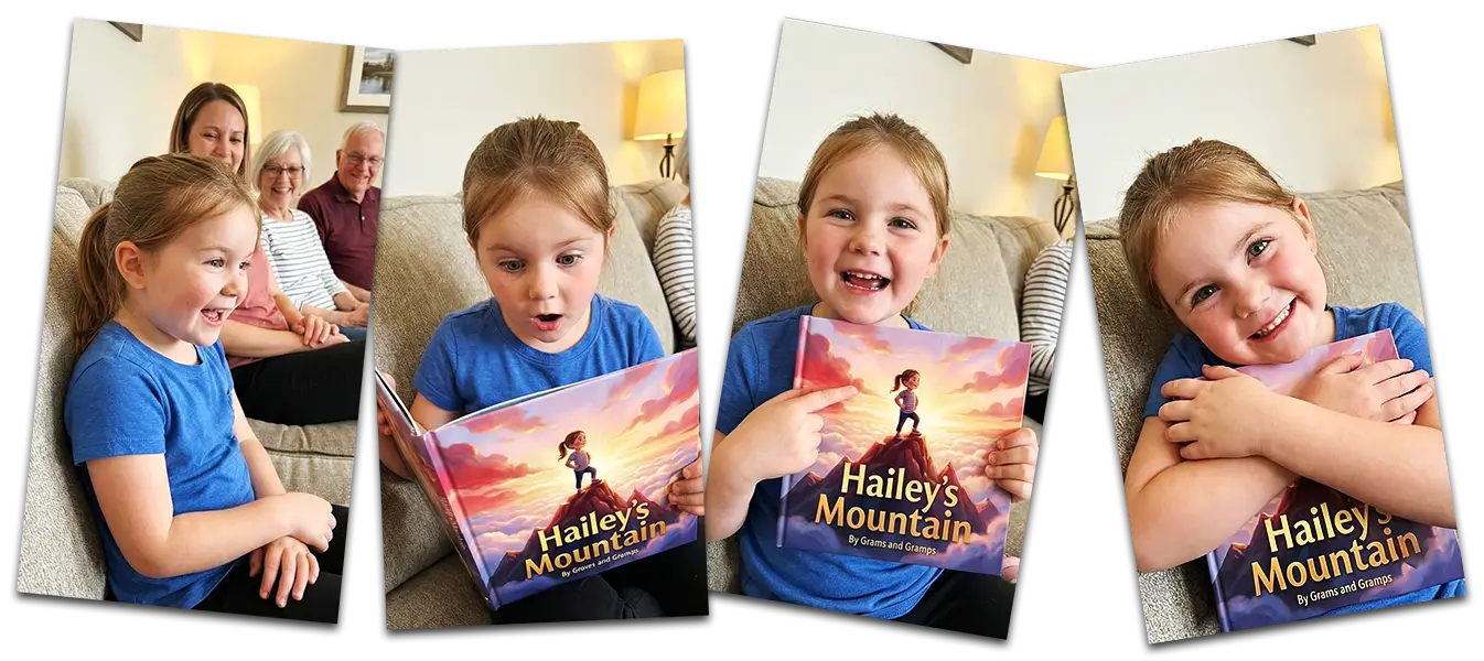 Hailey, a 6 year old girl with a bright smile, holding her personalized Libronauts book.