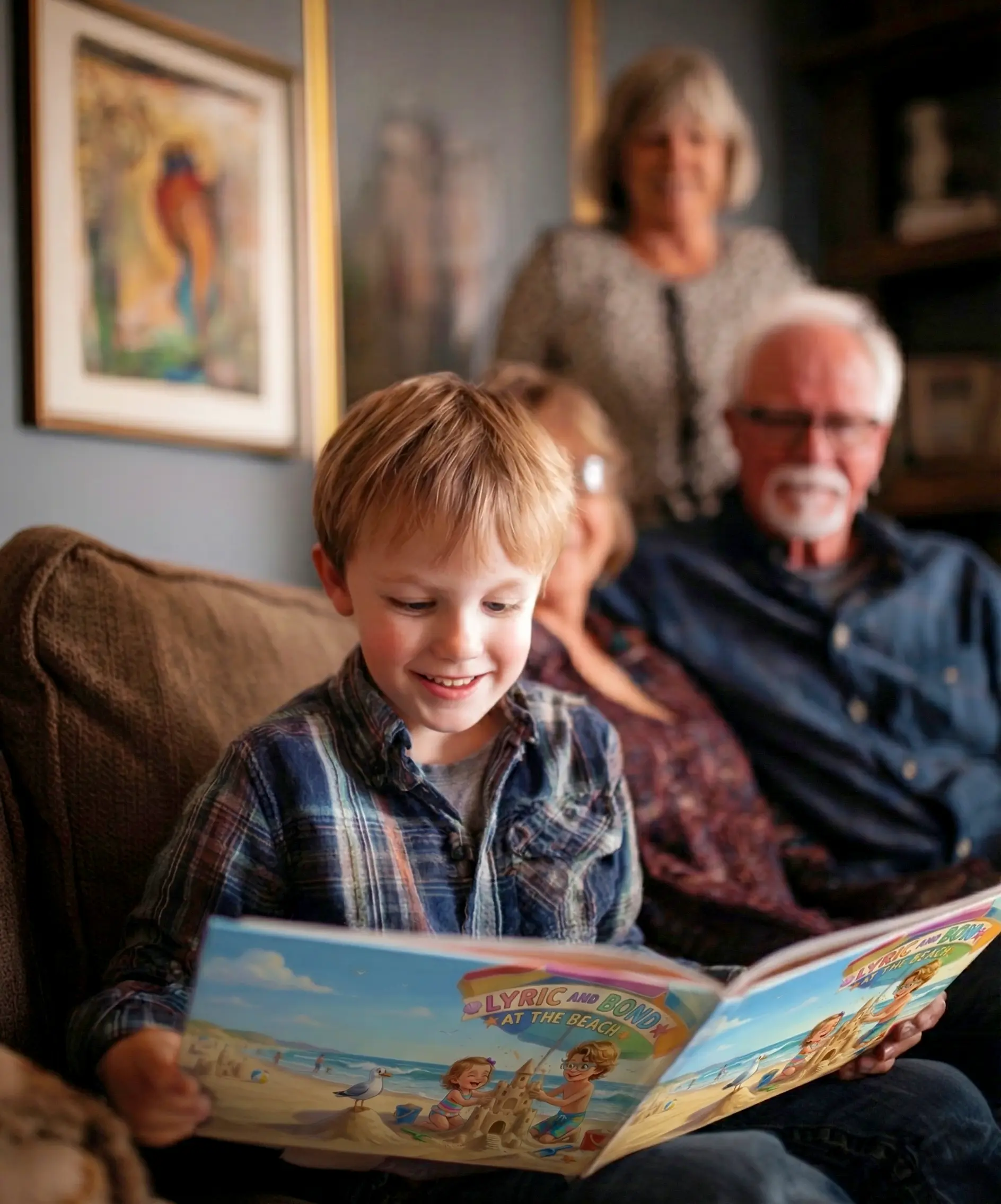 A smiling child holding their personalized Libronauts storybook, radiating joy and wonder.