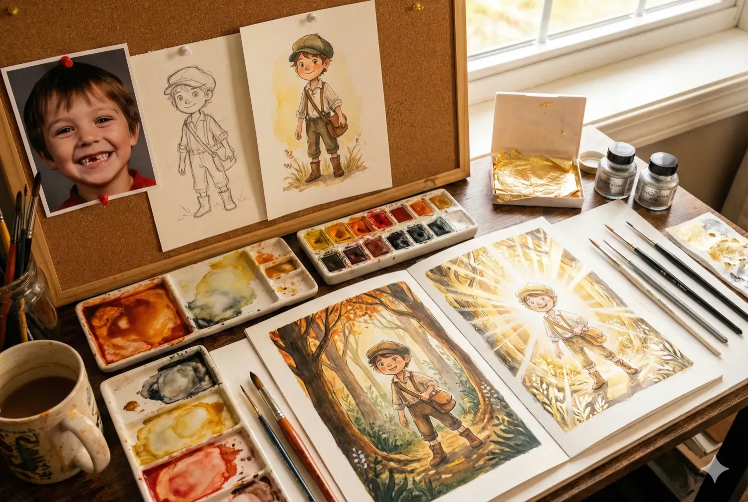 An artist's workspace from above: a photograph of a smiling child pinned to a cork board, beside it sketches showing the child transformed into a storybook character. Watercolor palettes, fine brushes, and partially completed illustration pages scattered artfully. Warm natural light, soft focus on details. Cozy, creative atmosphere.