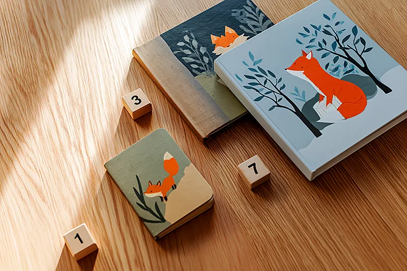 A flat lay of four personalized children's books arranged diagonally on a light oak table, each clearly designed for a different age group — from a thick board book to a chapter-style story. Warm natural light from the left. Small markers indicate ages: a wooden block showing '1', '3', '5', '7' placed near each book. Minimal, editorial, clean composition. Soft shadows.