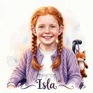 The same child illustrated as a storybook character, preserving her real features