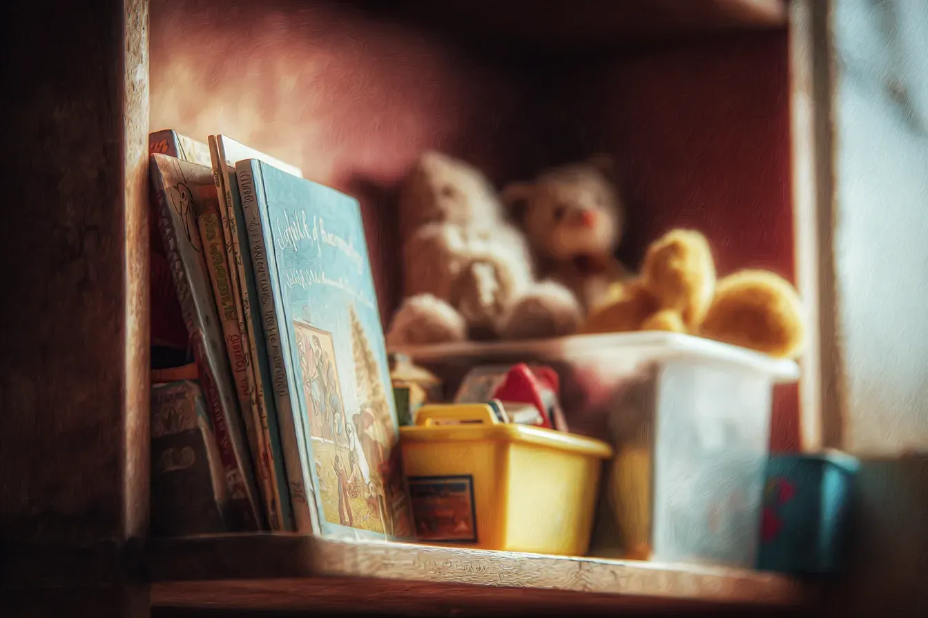 A child's bedroom shelf with a single well-loved storybook standing upright, its pages soft and worn with love. Around it, blurred in the background, are piles of forgotten toys in bins. The book catches warm light from a window, glowing while the clutter fades into shadow. Painterly style, warm palette, the contrast between meaningful and disposable.