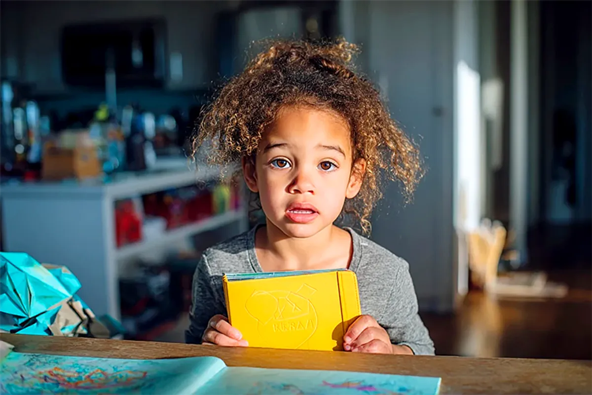 A child of about 5-6, in their ordinary clothes (not a cap and gown), standing at a kitchen table holding a personalized book, cover facing outward. Their expression is wide-eyed — clearly just received something they didn't expect and immediately recognized themselves in. On the table beside them: a folded construction-paper art project, a crayon drawing, the accumulated evidence of a school year. Bright afternoon light. A moment caught between being a little kid and something else.