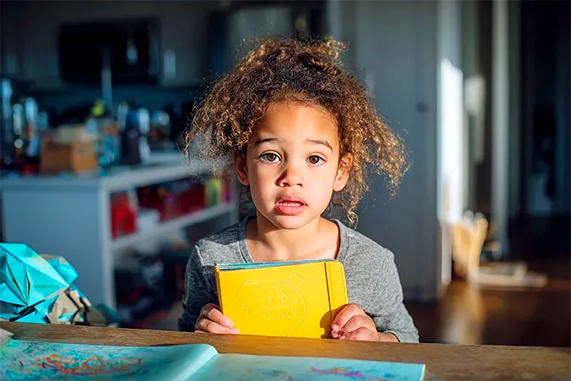 A child of about 5-6, in their ordinary clothes (not a cap and gown), standing at a kitchen table holding a personalized book, cover facing outward. Their expression is wide-eyed — clearly just received something they didn't expect and immediately recognized themselves in. On the table beside them: a folded construction-paper art project, a crayon drawing, the accumulated evidence of a school year. Bright afternoon light. A moment caught between being a little kid and something else.