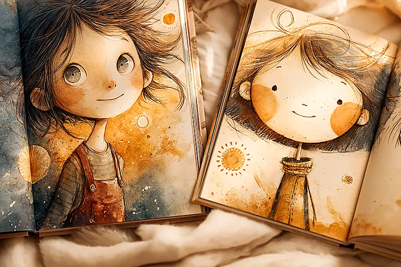 Two children's storybooks lying open on a soft blanket. Both are illustrated and colorful, but one shows a character with unmistakably specific features — clearly rendered from a real child — while the other shows a warmly illustrated character that is clearly designed rather than photographically generated. The difference is visible in the specificity of the faces. Warm natural light, watercolor illustration style, amber and cream tones.