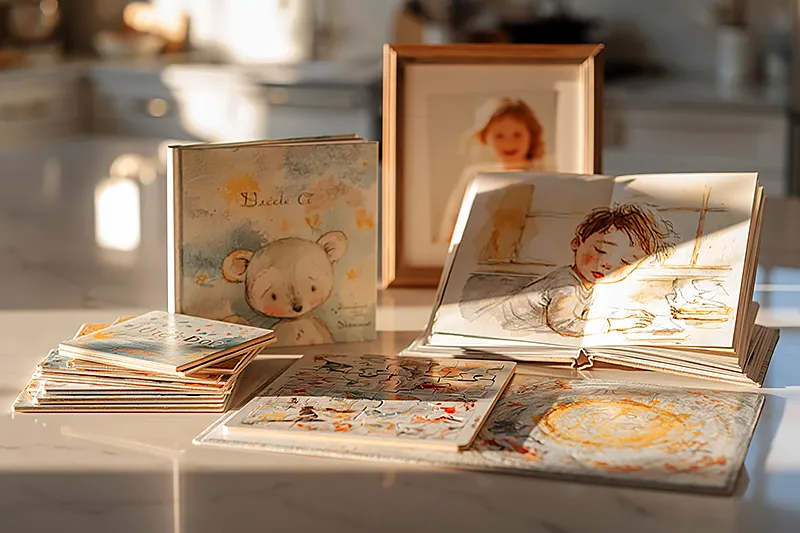 A children's book, a personalized puzzle, and a personalized placemat arranged on a kitchen table — the breadth of one company's offering. Beside them, a single open storybook with an illustration of a child who clearly resembles the real child in a framed photo behind it — the depth of another. Warm morning light, watercolor illustration style, sage and amber tones. The composition is about range versus focus.